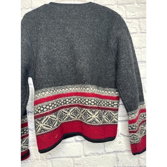 Tally Ho Vintage Nordic 100% Wool Cardigan Gray Black Red White Buttons SMALL - Picture 4 of 4